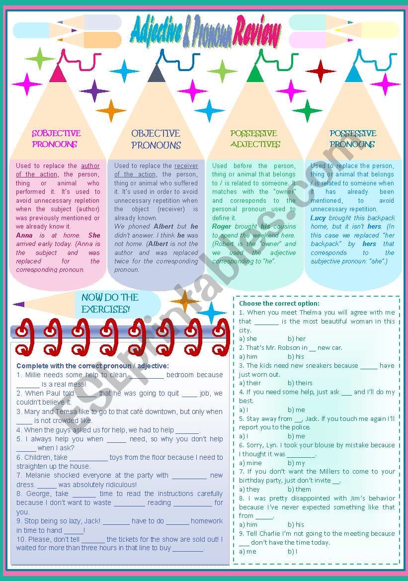 Adjectives and Pronouns Review  rules, examples and exercises [subjective and objective pronouns, possessive adjectives and pronouns] KEYS INCLUDED ((2 pages)) ***editable